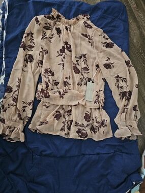 Ruffled Neck Floral Blouse in Blush with Plum Print